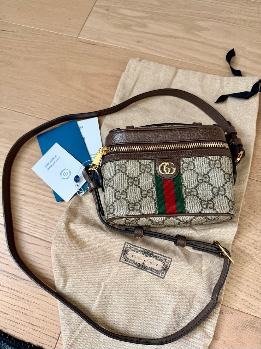 Gucci Beige GG Supreme Mini Crossbody with Green & Red Web